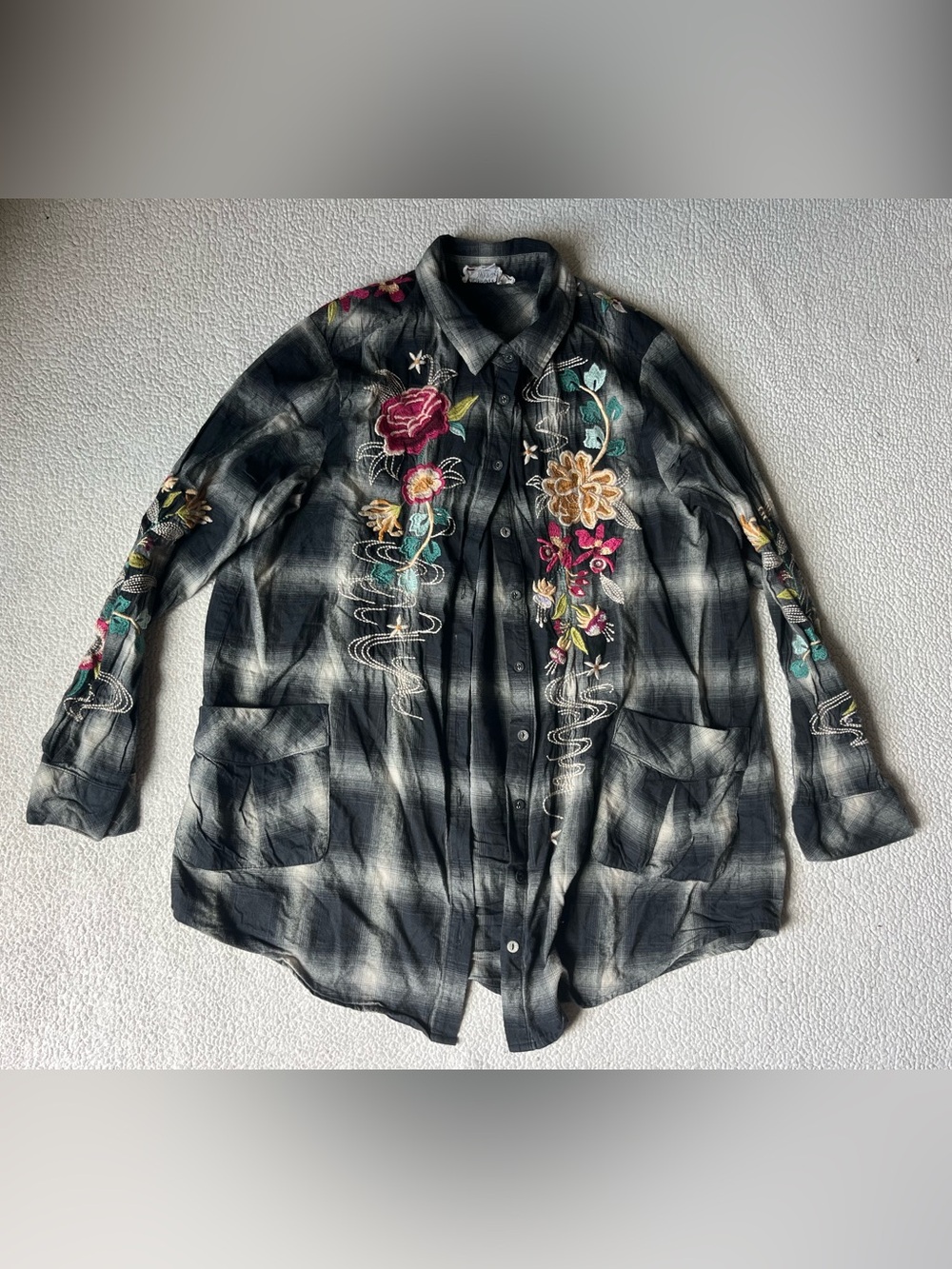 Johnny Was Workshop Lani Painter Smock Tunic Black & Grey Womens Medium